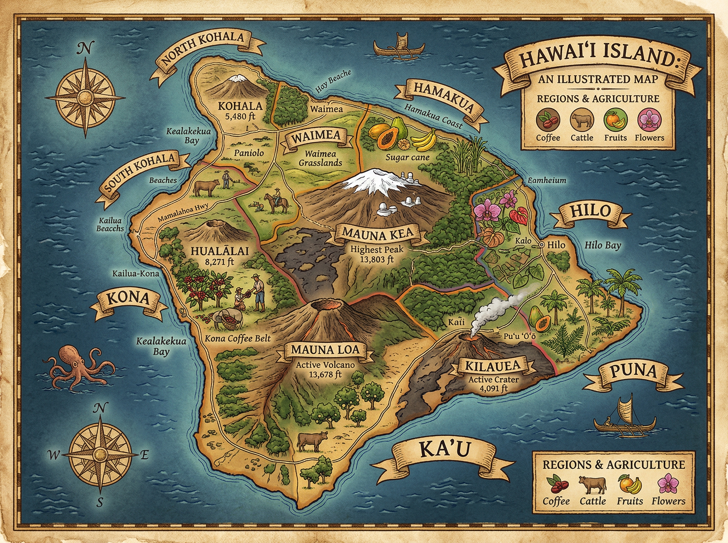 Illustrated map of Hawai'i Island showing agricultural regions